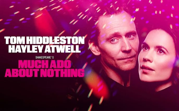 Promotional poster for Shakespeare's "Much Ado About Nothing" featuring two actors.