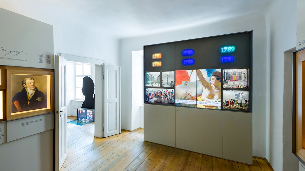 Mozarthaus Vienna exhibit with historical displays and portrait, featuring entry to audio-guided tour.