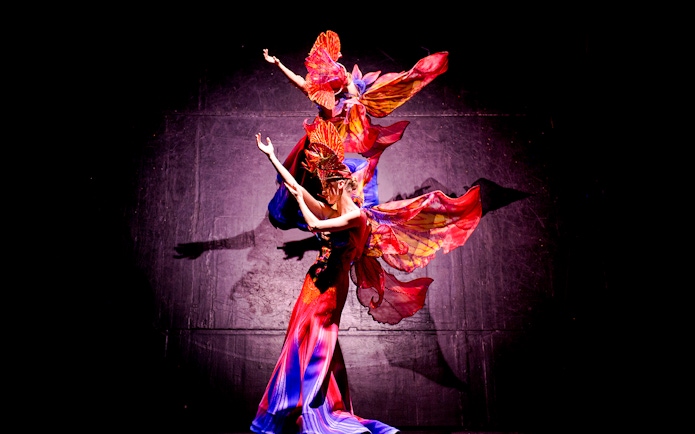 Dancers in vibrant costumes performing at the Christmas show, Paradis Latin, Paris.