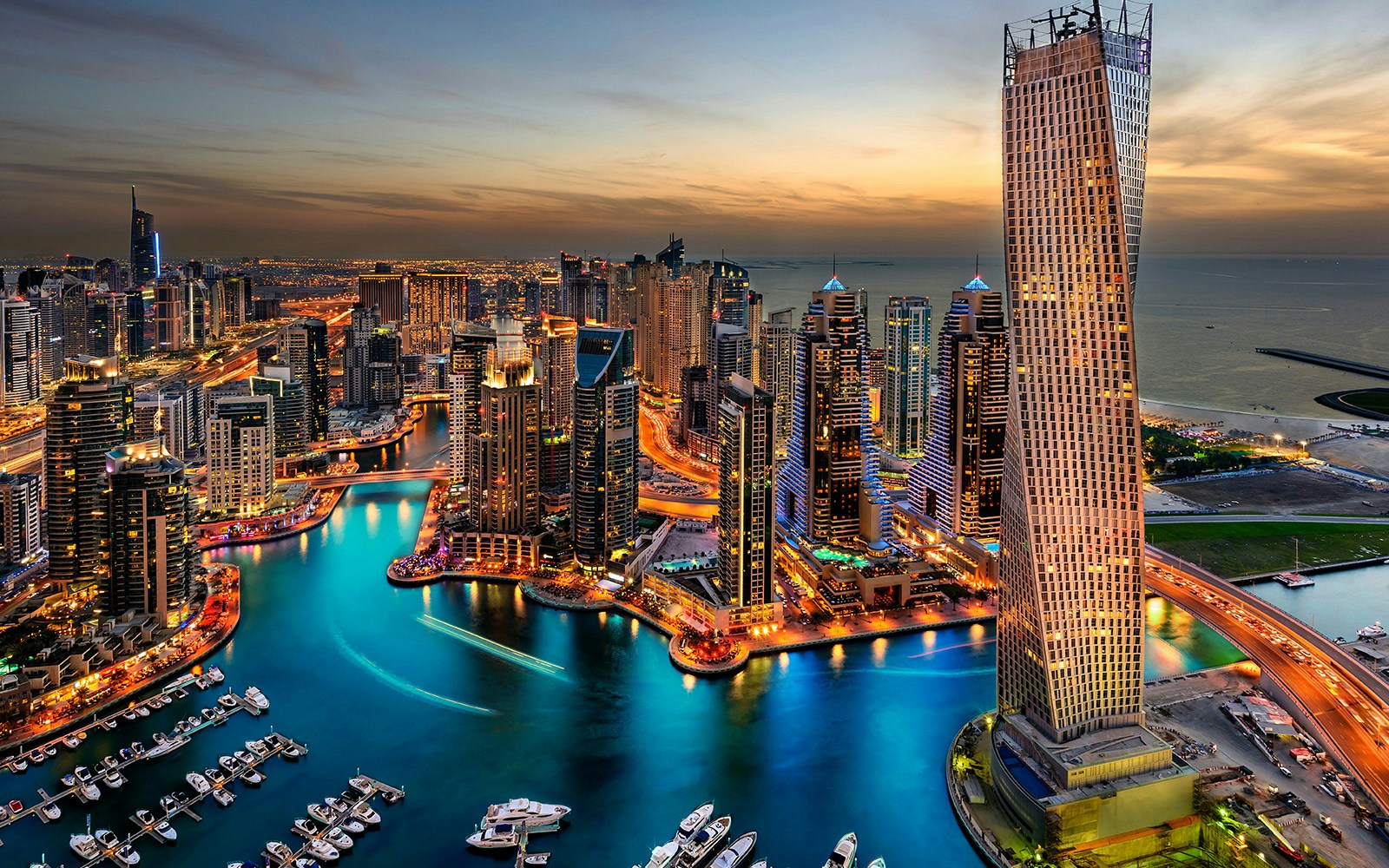 Aerial view of Dubai skyline with Burj Khalifa and cityscape.