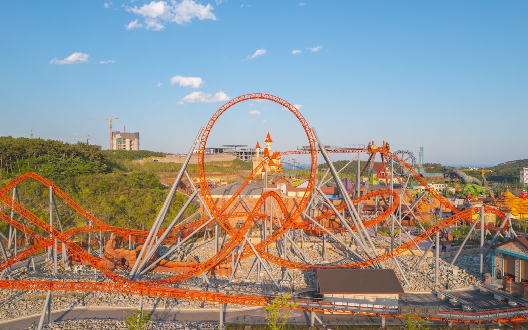 Roller coaster with loops at Lotte World Adventure Busan.