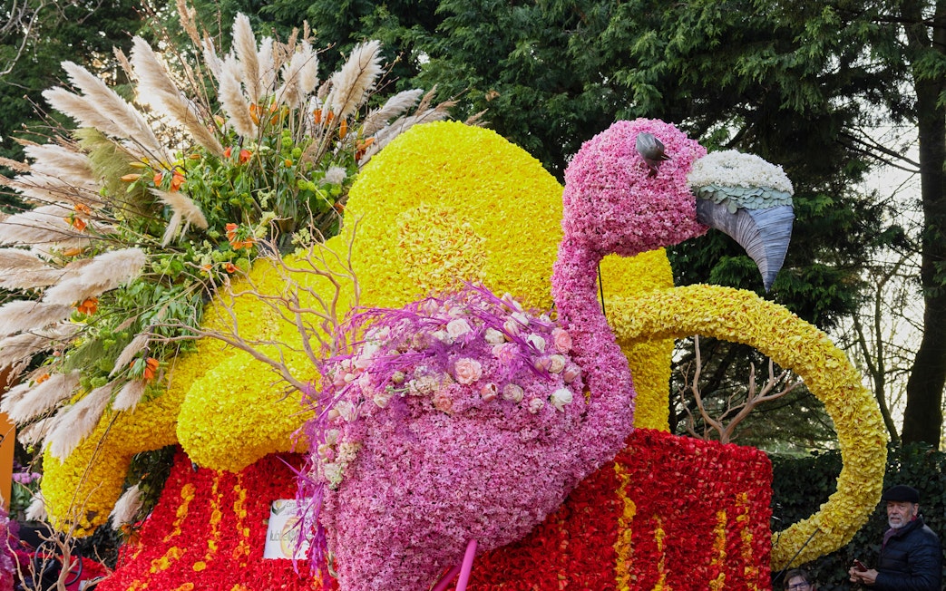 Floral sculpture of a flamingo made from pink tulips and hyacinths, surrounded by colorful blooms.