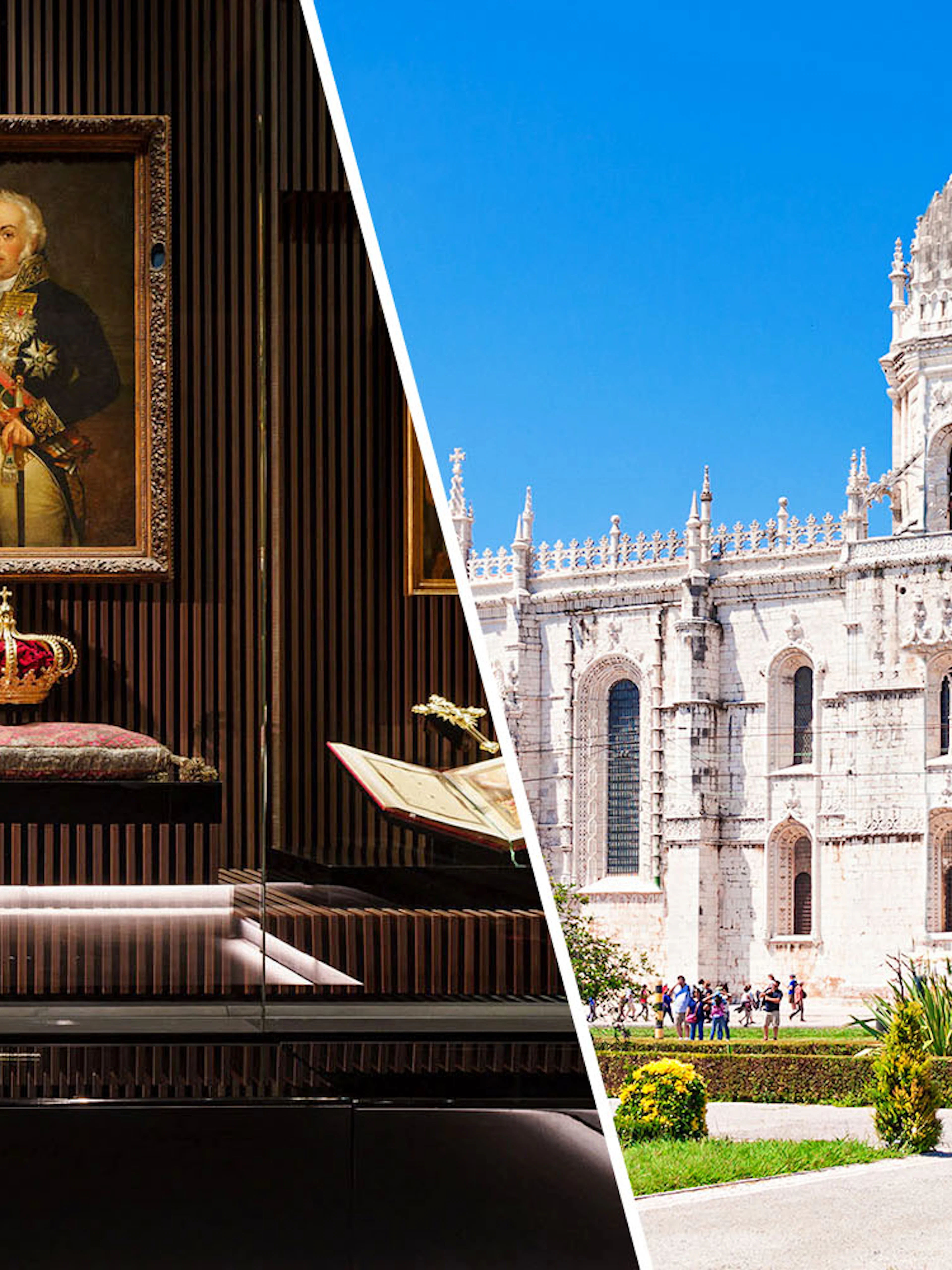 Royal treasures display and Jeronimos Monastery exterior in Lisbon, Portugal.