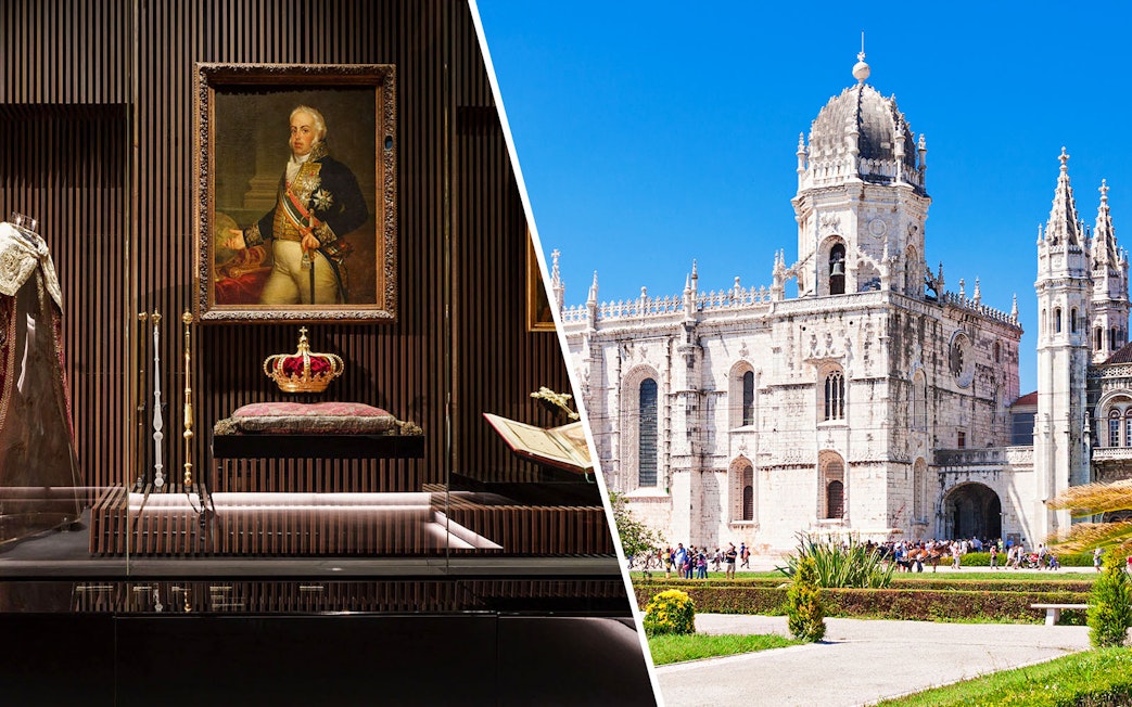 Royal treasures display and Jeronimos Monastery exterior in Lisbon, Portugal.