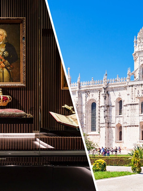 Royal treasures display and Jeronimos Monastery exterior in Lisbon, Portugal.