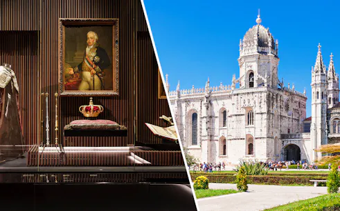 Royal treasures display and Jeronimos Monastery exterior in Lisbon, Portugal.