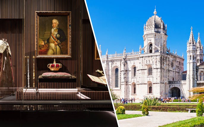 Royal treasures display and Jeronimos Monastery exterior in Lisbon, Portugal.