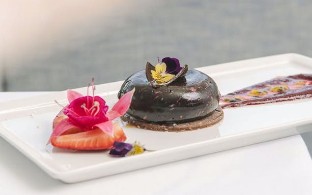 Rich mousse cake with fresh fruit and edible flowers on a white plate.