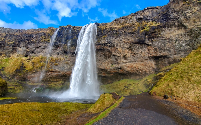 Seljalandsfoss waterfall on South Coast & Katla Ice Cave tour from Reykjavik.