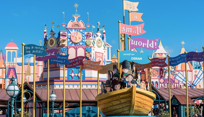 Disneyland Paris It's a Small World ride with colorful international dolls and vibrant scenery.