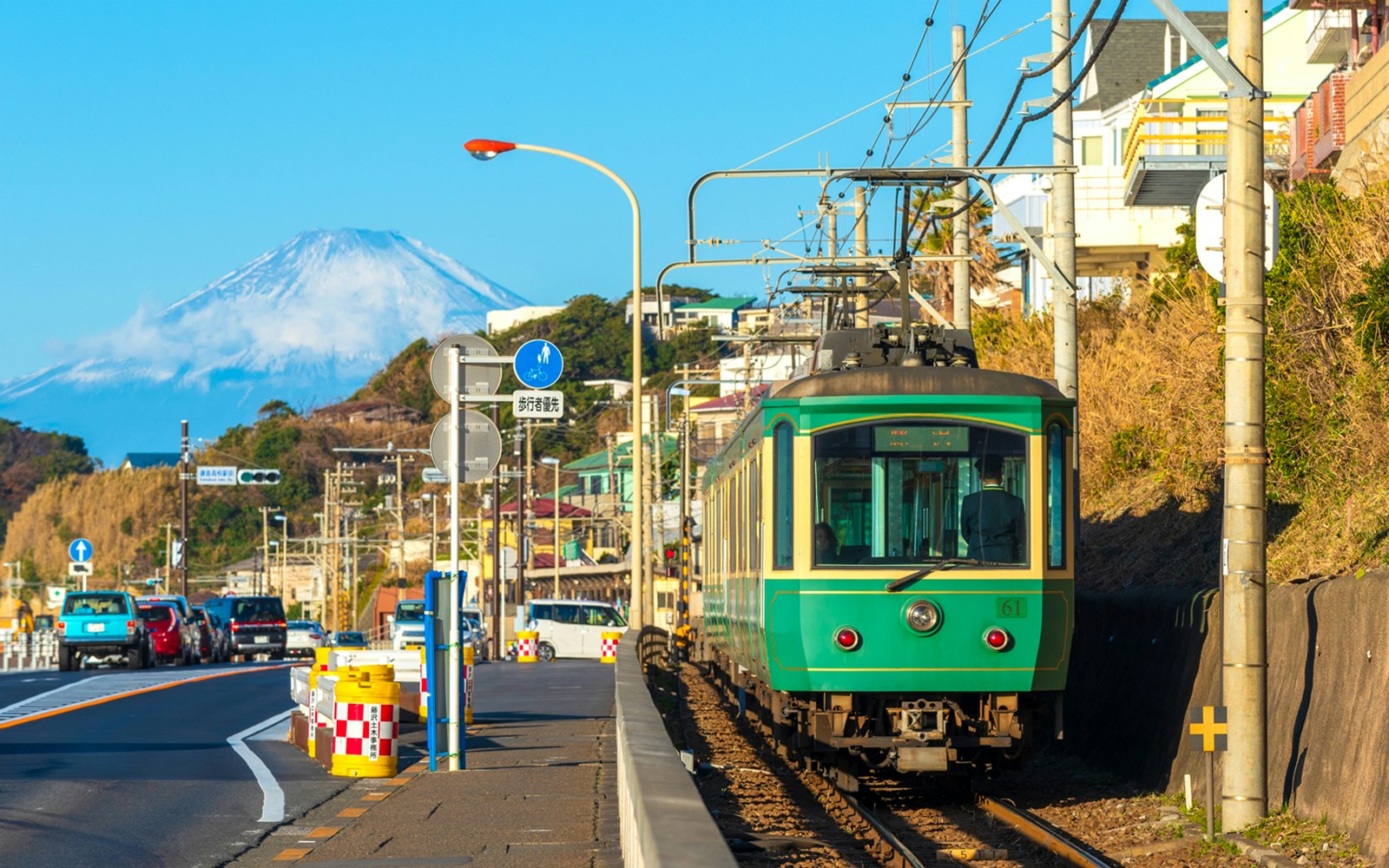 Enoshima Railway passing through Kamakura with Hasedera Temple in the background.
