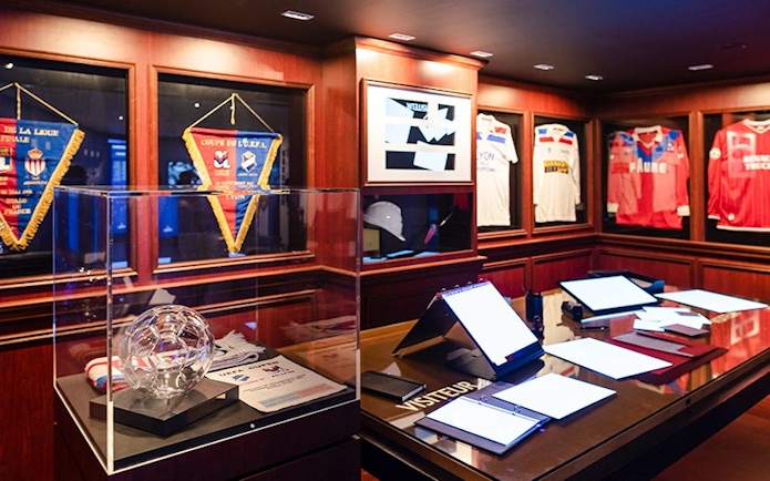 Olympique Lyonnais memorabilia display at OL stadium, Lyon, France.