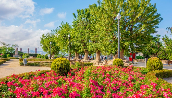 Jardins de Miramar overlooking Barcelona skyline in Montjuic Park, Catalonia, Spain.