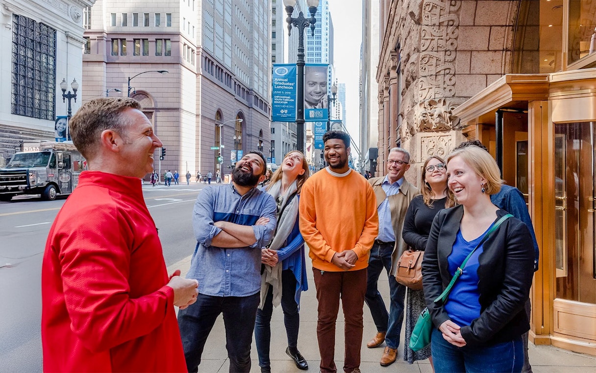 Group enjoying a guided walking tour at the Chicago Architectural Center, Chicago.