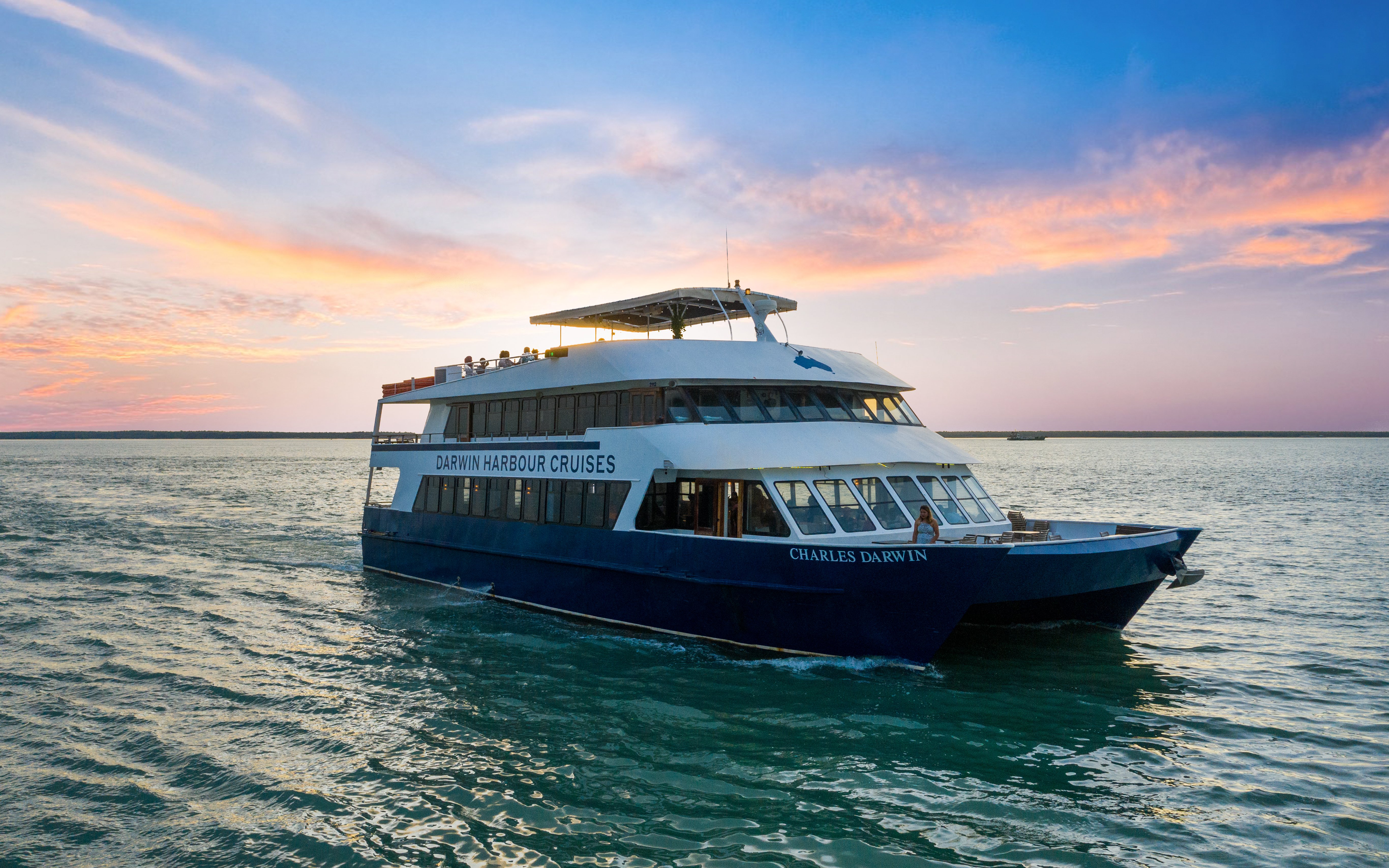 Darwin Harbour cruise boat at sunset during lunch tour.