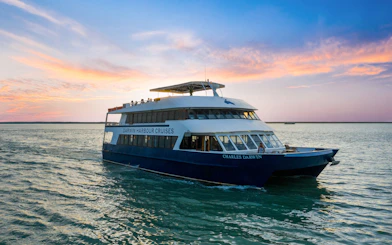 Darwin Harbour cruise boat at sunset during lunch tour.