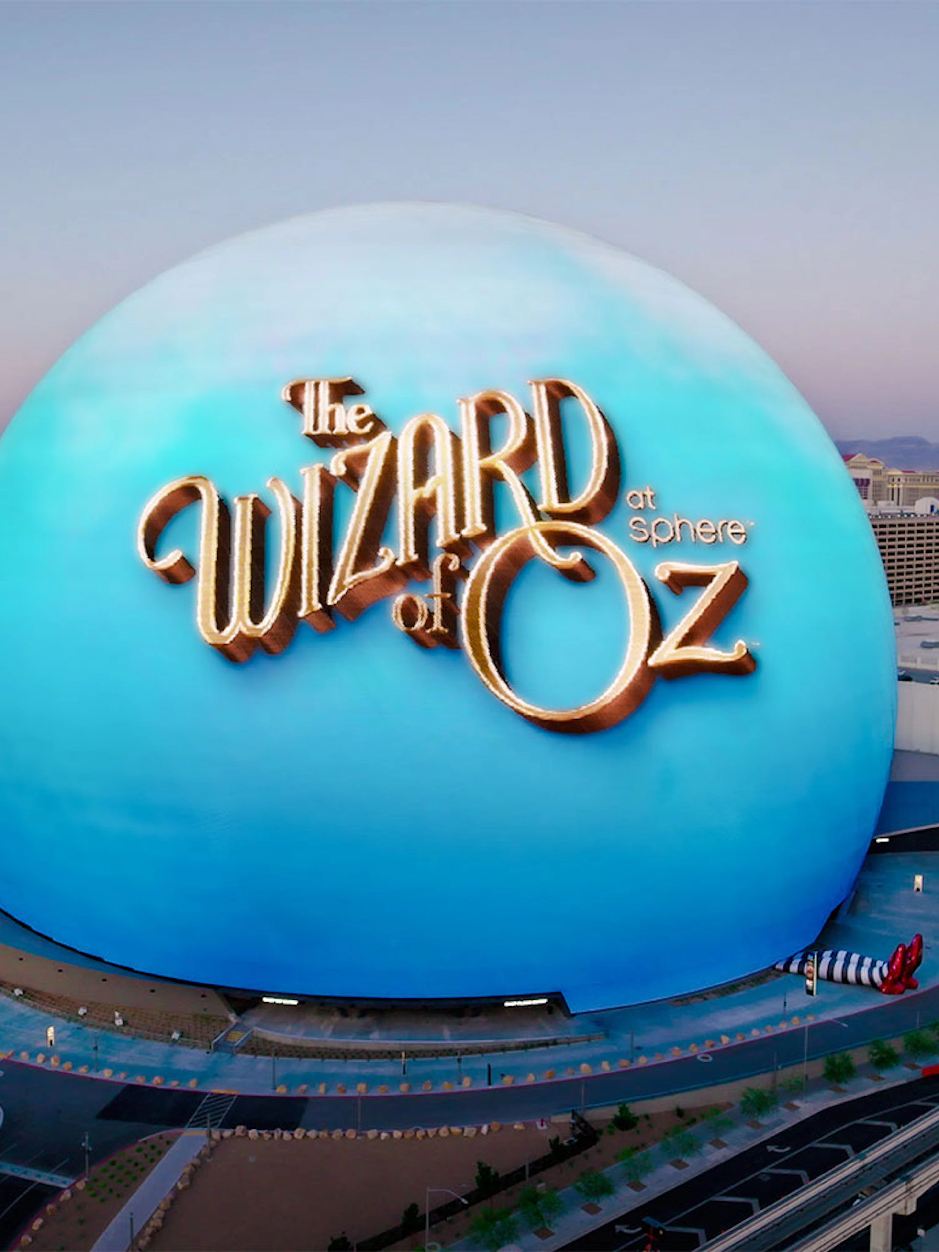 Wizard of Oz show at Sphere in Las Vegas with cityscape background.