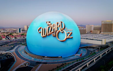 Wizard of Oz show at Sphere in Las Vegas with cityscape background.