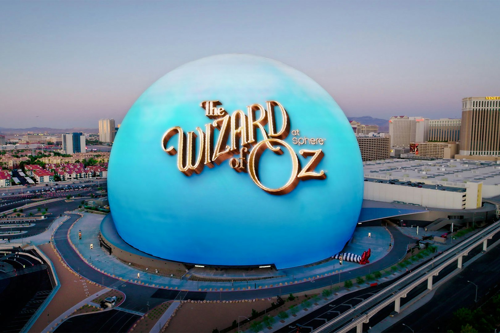 Wizard of Oz show at Sphere in Las Vegas with cityscape background.