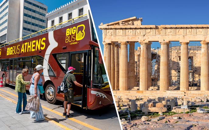 Athens tour bus and Parthenon temple, Greece.
