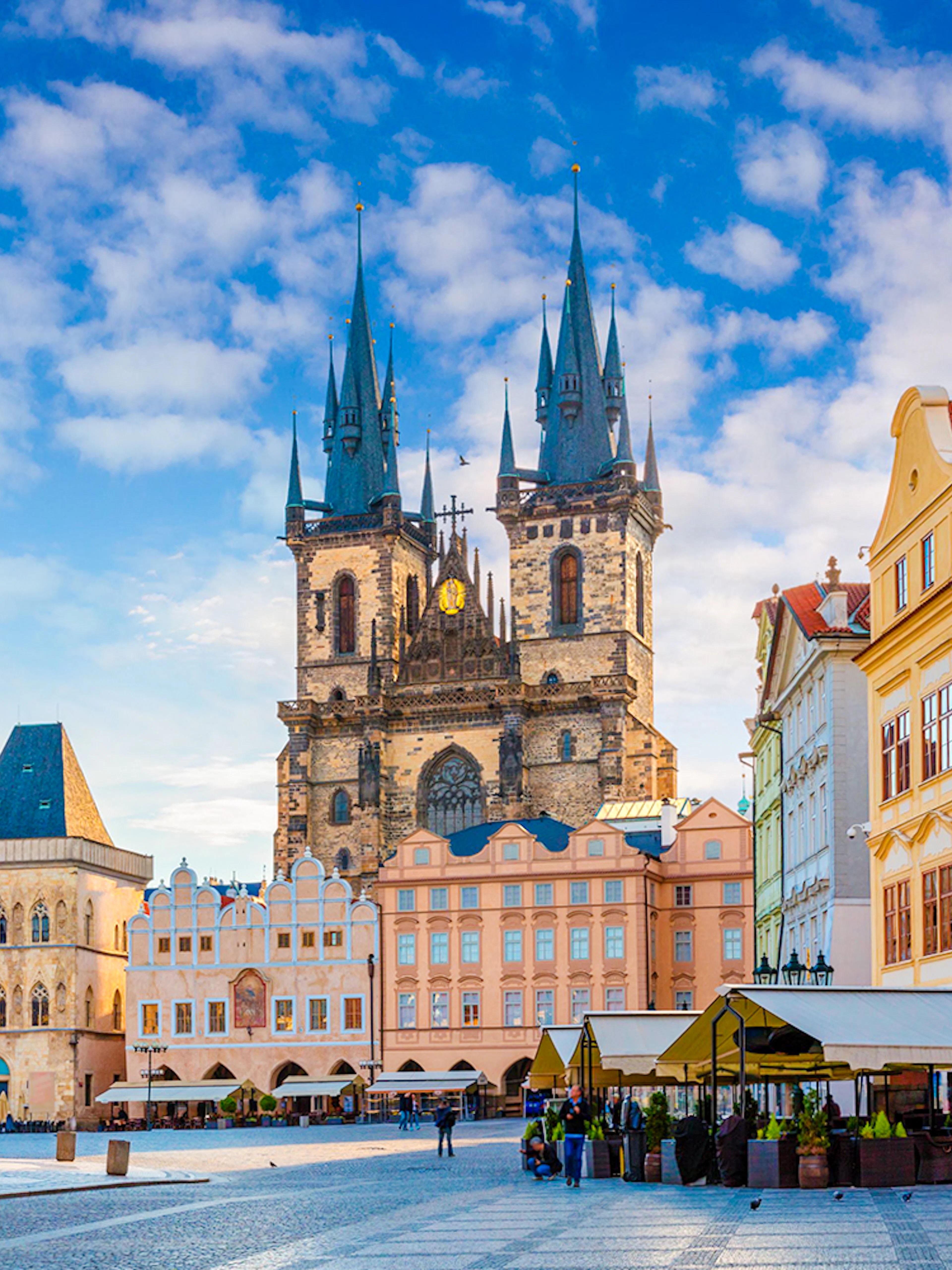 Prague Old Town Square with Astronomical Clock and Church of Our Lady before Týn.