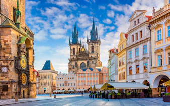 Prague Old Town Square with Astronomical Clock and Church of Our Lady before Týn.