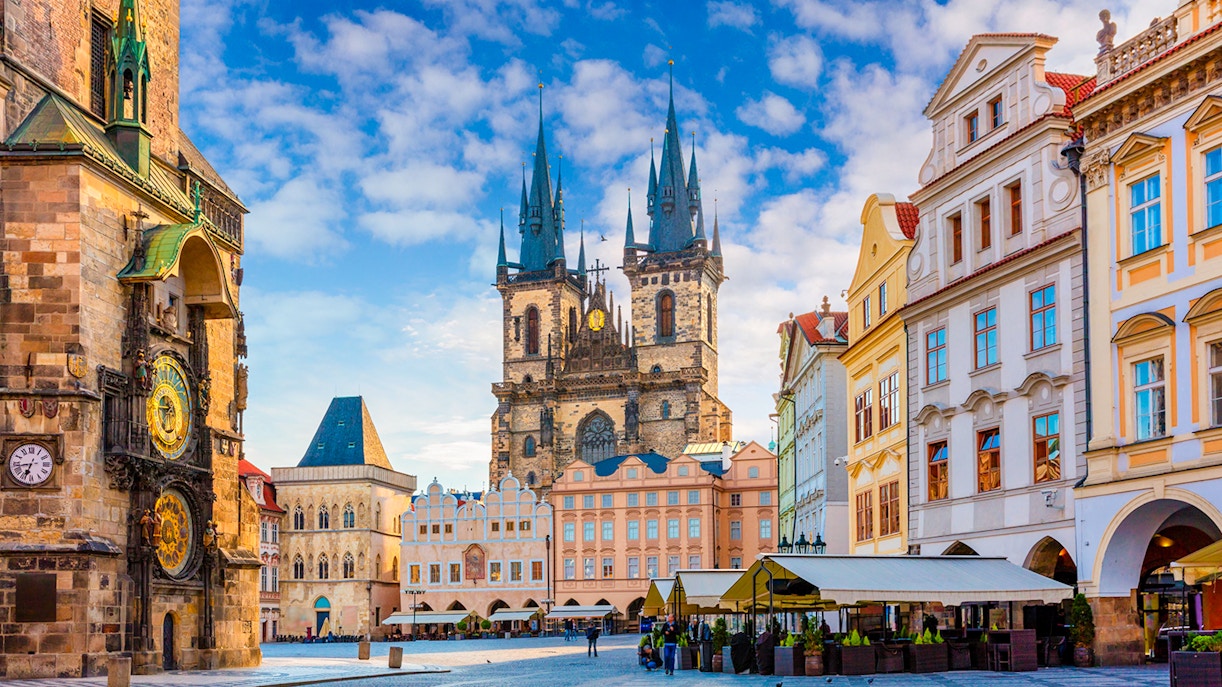 Prague Old Town Square with Astronomical Clock and Church of Our Lady before Týn.