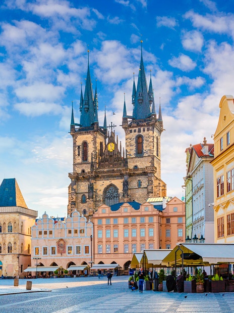 Prague Old Town Square with Astronomical Clock and Church of Our Lady before Týn.