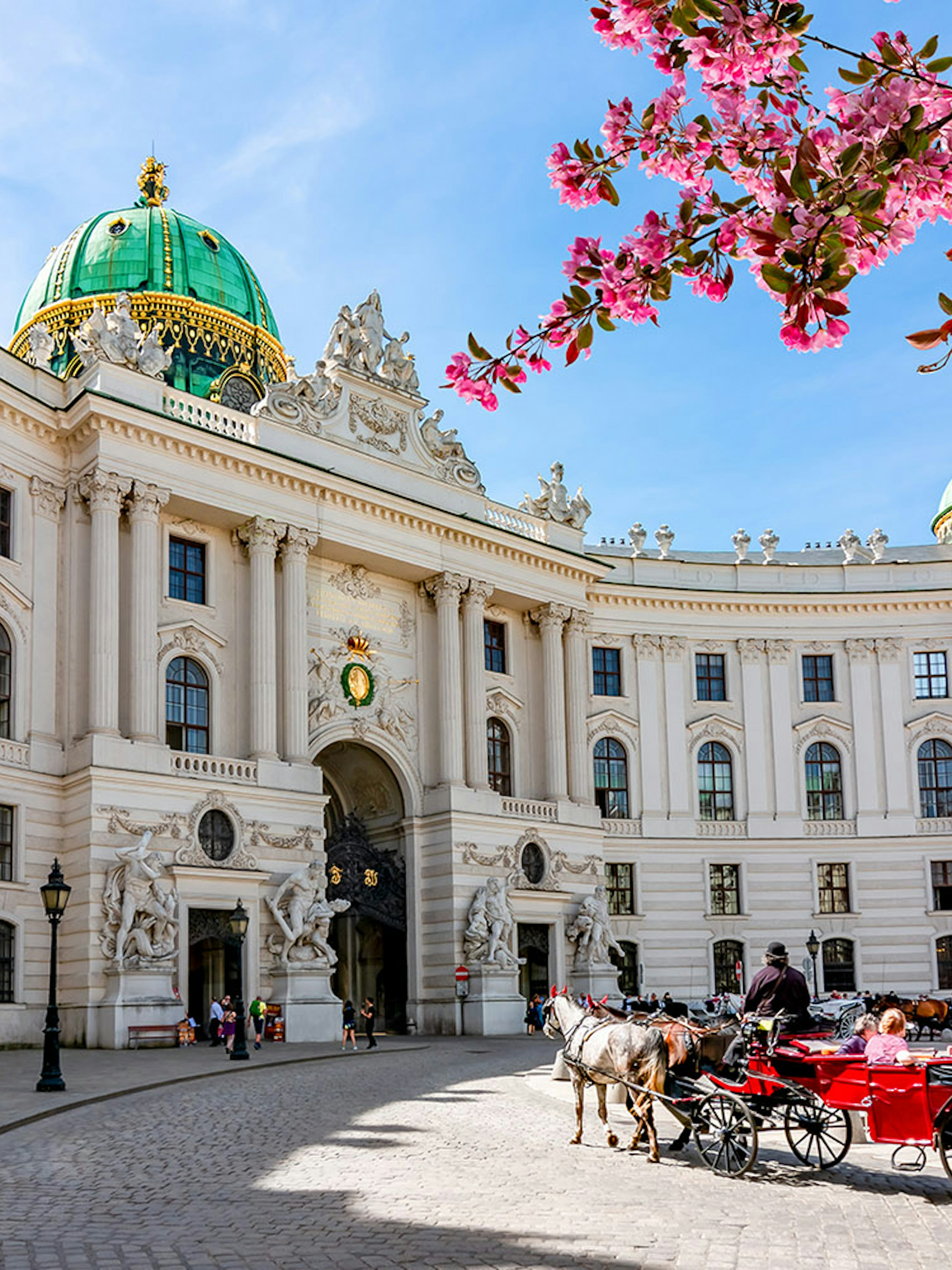 Horse-drawn carriage in front of Hofburg Palace, Vienna, with blooming cherry blossoms.