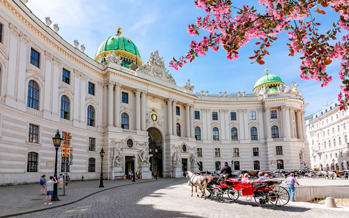 Horse-drawn carriage in front of Hofburg Palace, Vienna, with blooming cherry blossoms.