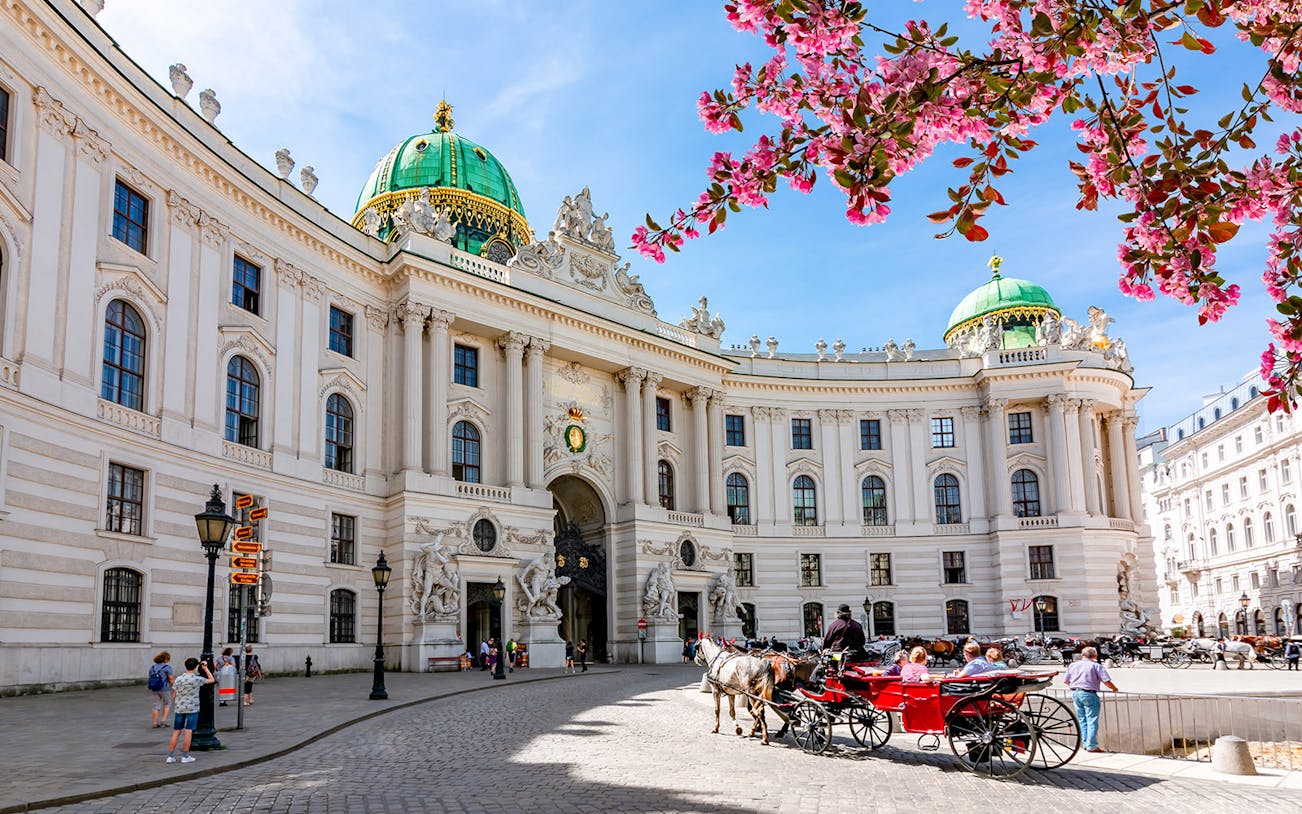 Horse-drawn carriage in front of Hofburg Palace, Vienna, with blooming cherry blossoms.