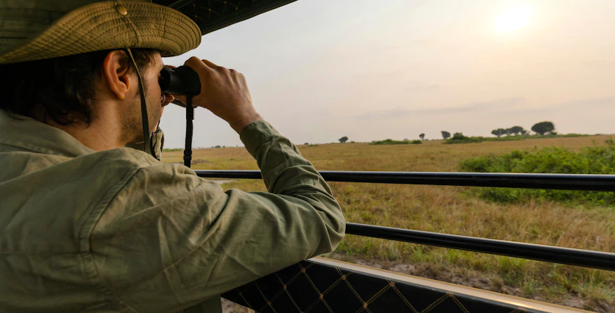 Safari guide using binoculars from vehicle, Nairobi National Park, Kenya.