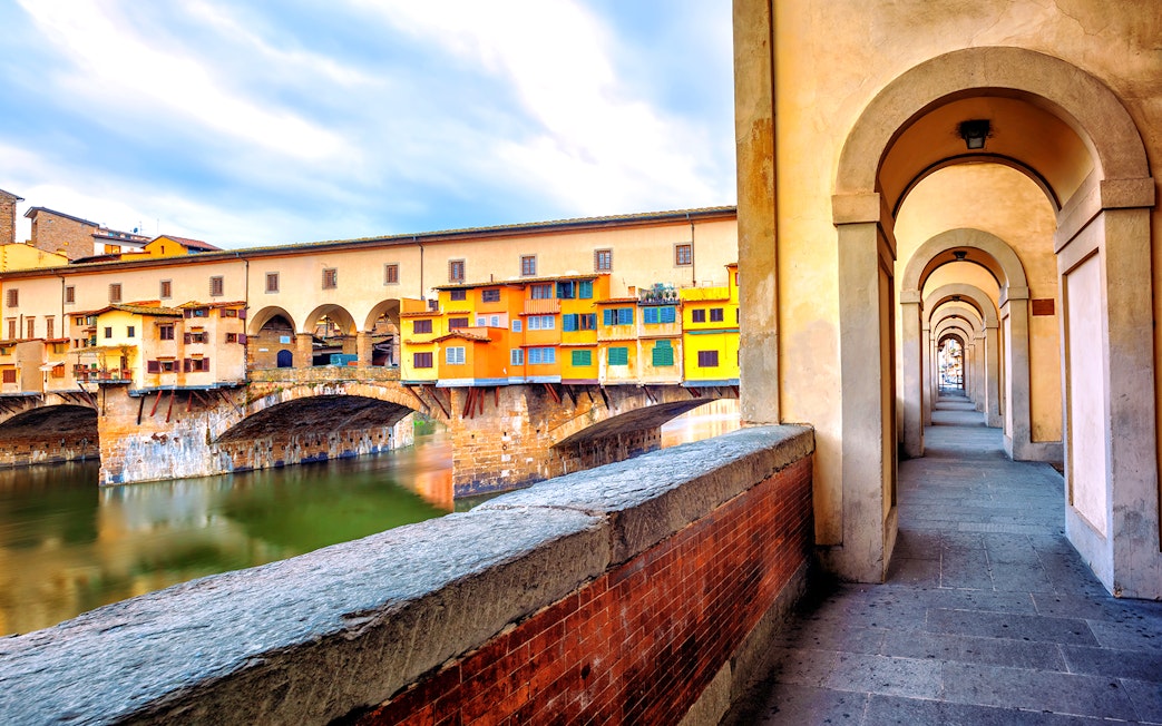 Vasari Corridor view with Ponte Vecchio in Florence, Italy.