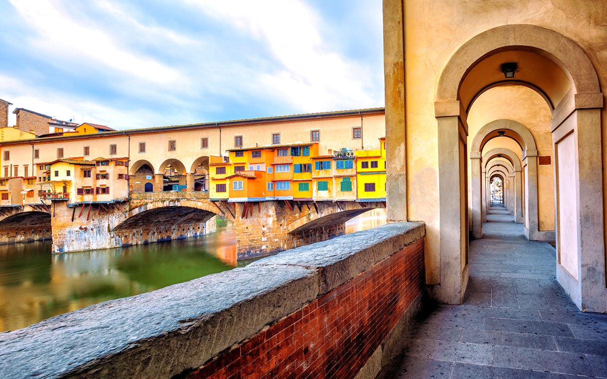 Vasari Corridor view with Ponte Vecchio in Florence, Italy.