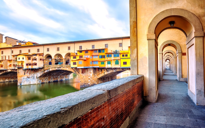 Vasari Corridor view with Ponte Vecchio in Florence, Italy.