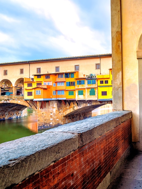 Vasari Corridor view with Ponte Vecchio in Florence, Italy.