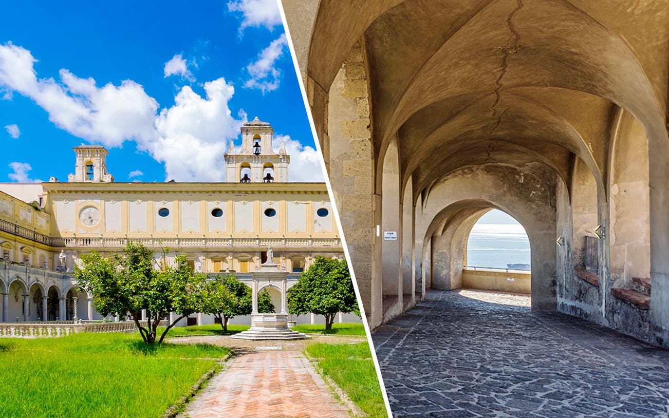 Certosa e Museo di San Martino courtyard and Castel Sant'Elmo archway in Naples, Italy.