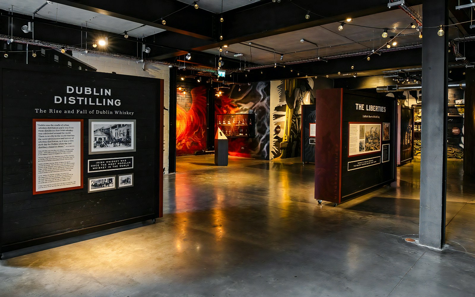 Teeling Whiskey Distillery interior with Dublin distilling exhibit and historical displays.