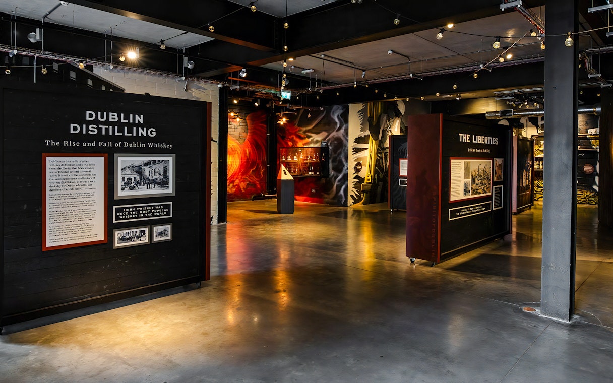 Teeling Whiskey Distillery interior with Dublin distilling exhibit and historical displays.