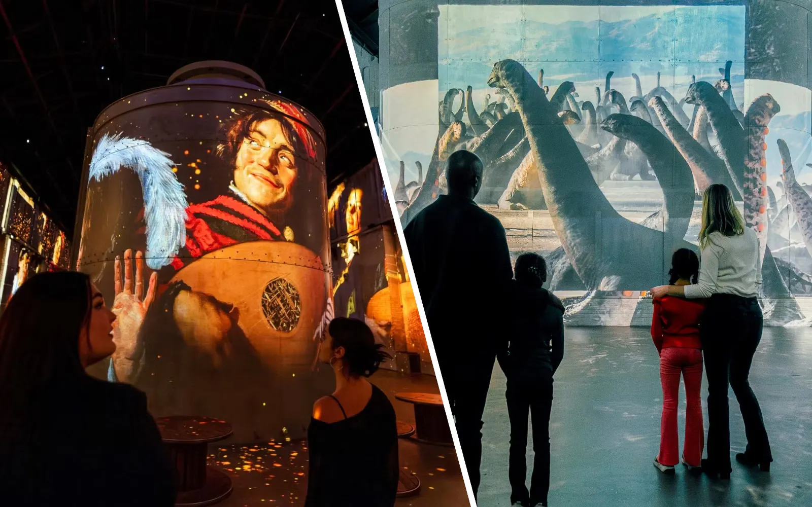 Dutch Masters and prehistoric planet exhibitions at Fabrique des Lumières, Amsterdam.