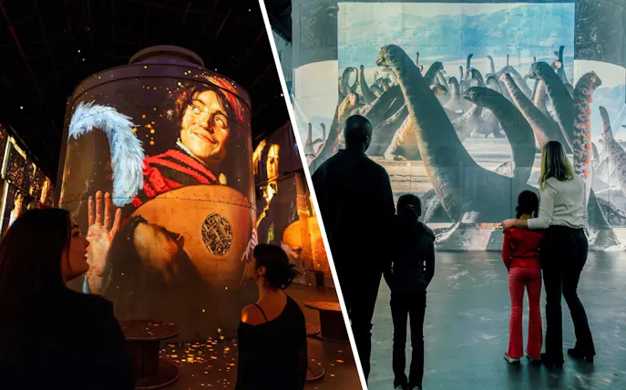 Dutch Masters and prehistoric planet exhibitions at Fabrique des Lumières, Amsterdam.