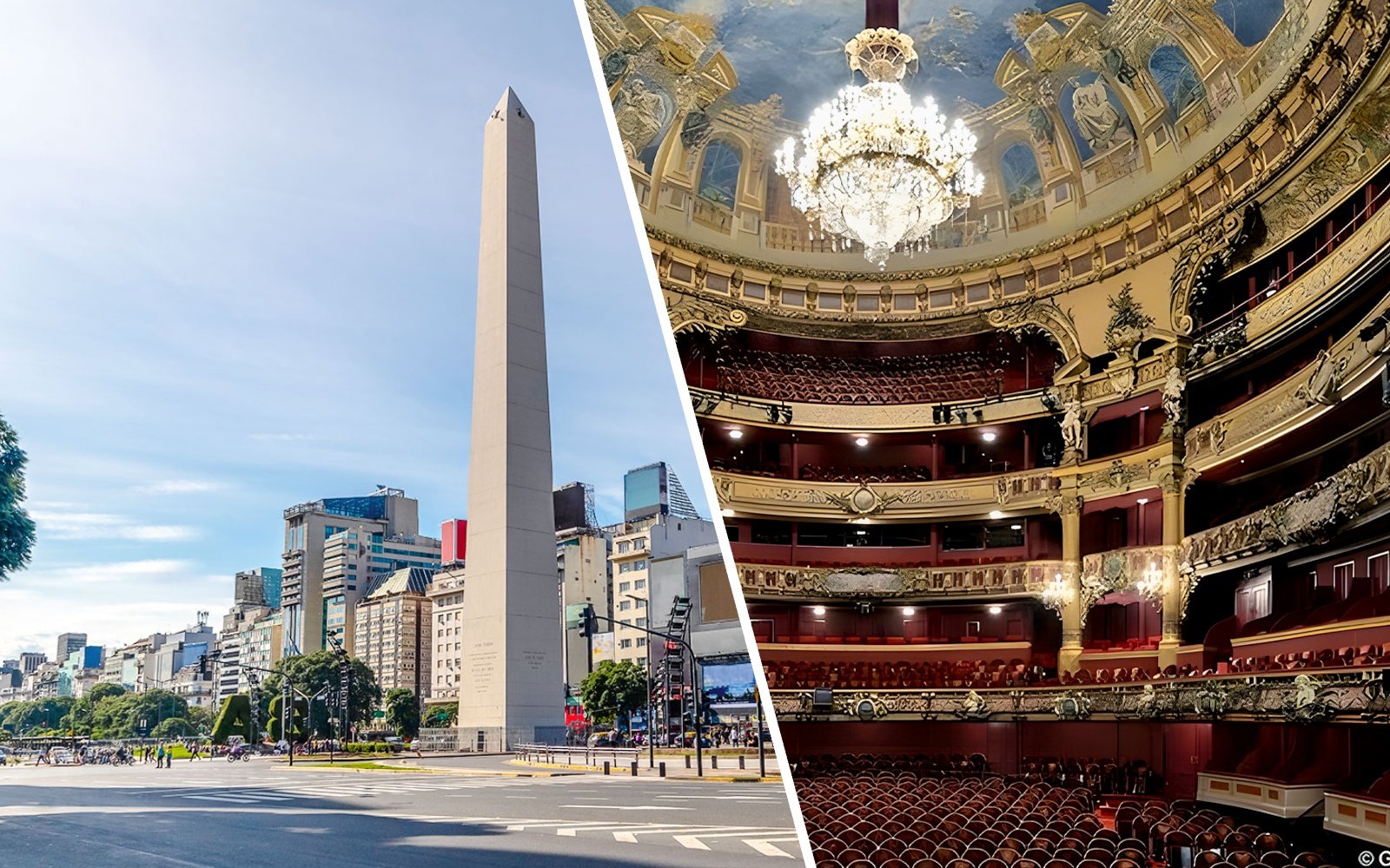 Obelisco de Buenos Aires and interior of Teatro Colón, Argentina.