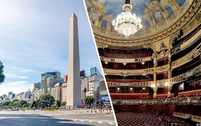 Obelisco de Buenos Aires and interior of Teatro Colón, Argentina.