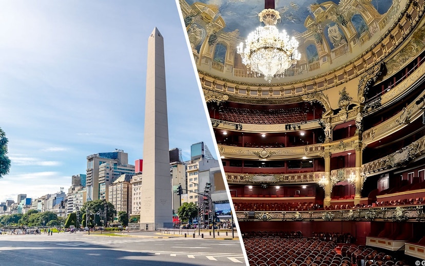 Obelisco de Buenos Aires and interior of Teatro Colón, Argentina.