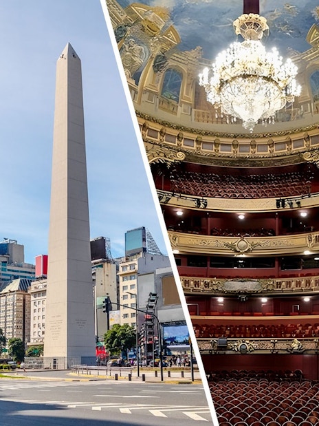 Obelisco de Buenos Aires and interior of Teatro Colón, Argentina.