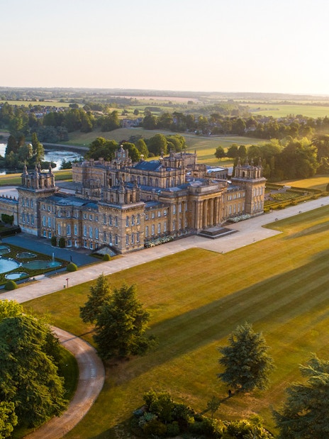 Blenheim Palace aerial view with gardens and surrounding landscape.