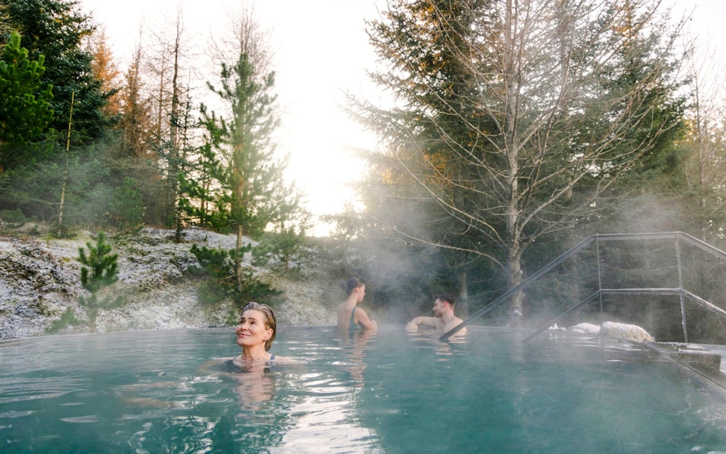 Guests enjoying a warm soak in the forest pool at Laugarás Lagoon.