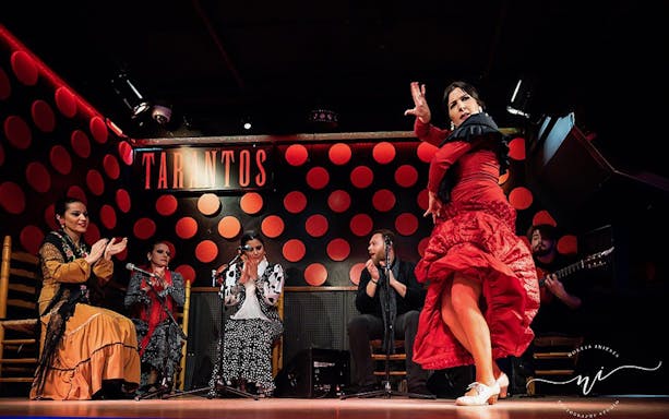 Flamenco dancer performing at Tarantos in Barcelona's Gothic Quarter.