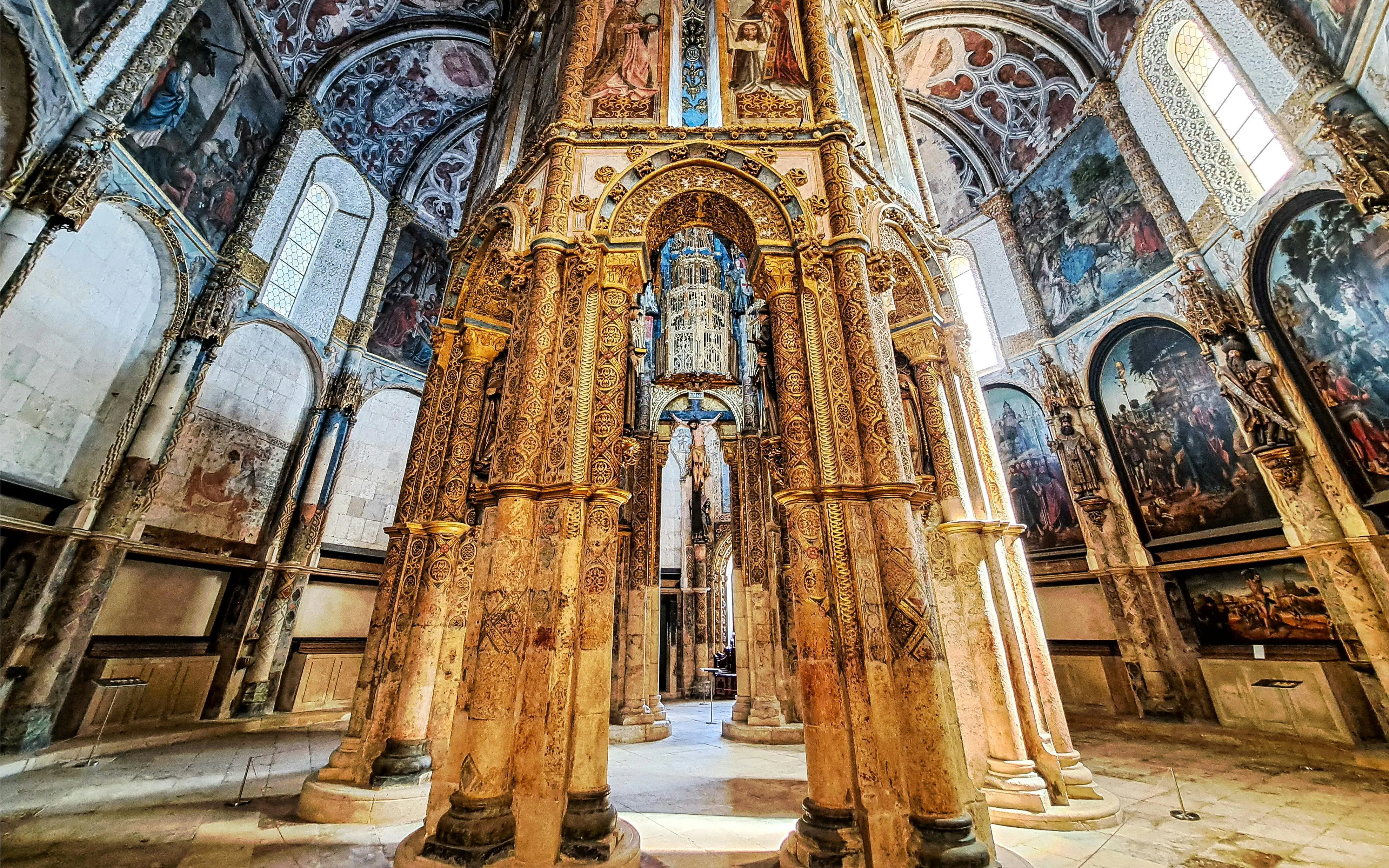 Interior of the Charola at the Convent of Christ, showcasing Knights Templar architecture in Tomar, Portugal.