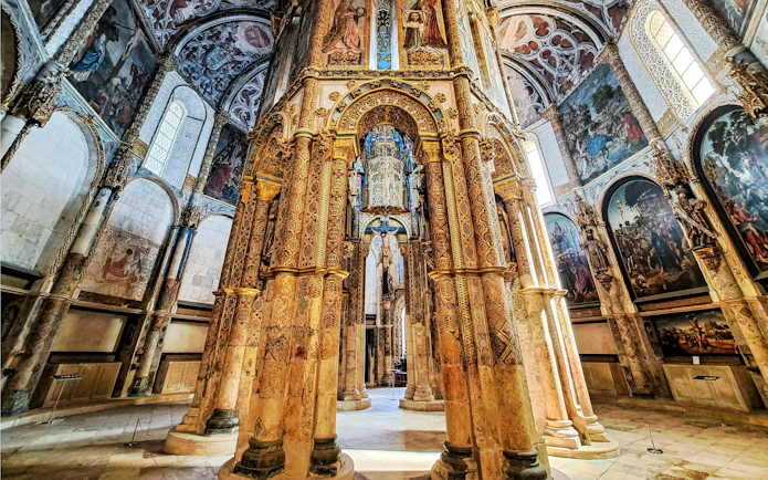 Interior of the Charola at the Convent of Christ, showcasing Knights Templar architecture in Tomar, Portugal.